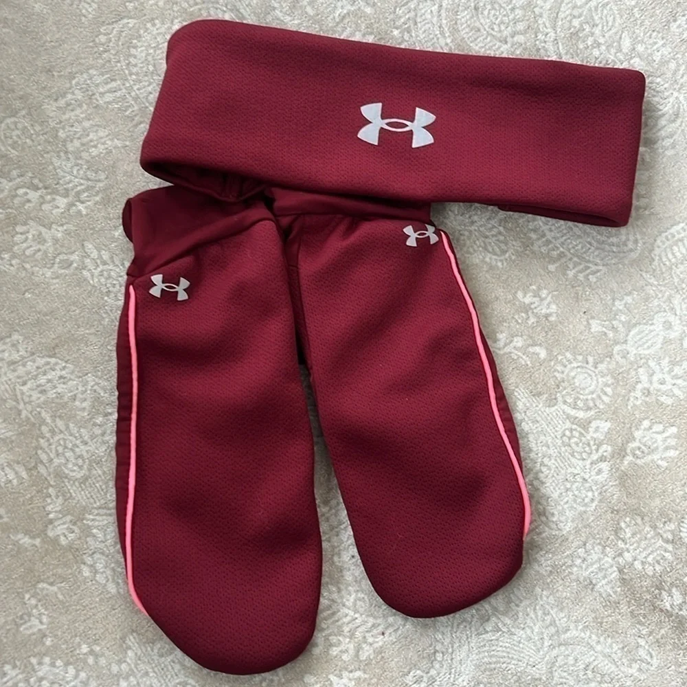 Brand New Under Armour Maroon Fleece Headband Earband & Mittens Set Running